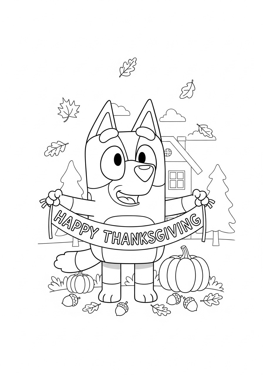 Home 6 Bluey is holding a Thanksgiving banner in her hands