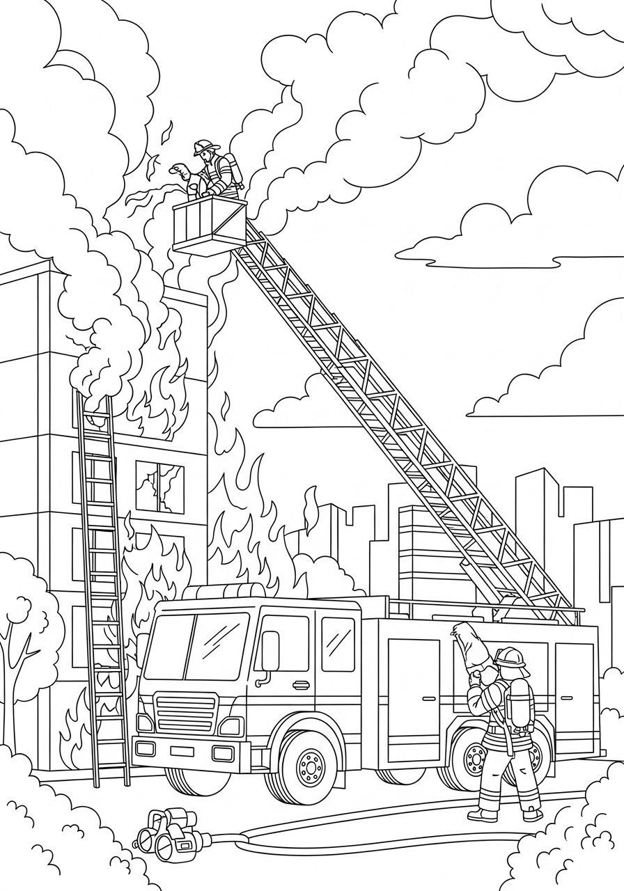 Fire Truck Coloring Pages for Kids – Free PDF Printable Collection 13 12. Fire Truck Rescue Scene – Burning Building