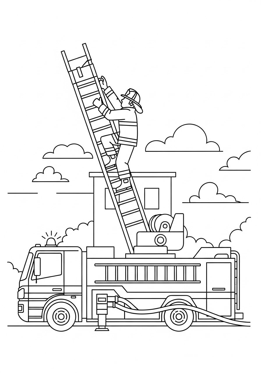 Fire Truck Coloring Pages for Kids – Free PDF Printable Collection 5 4. Firefighter Climbing the Truck Ladder