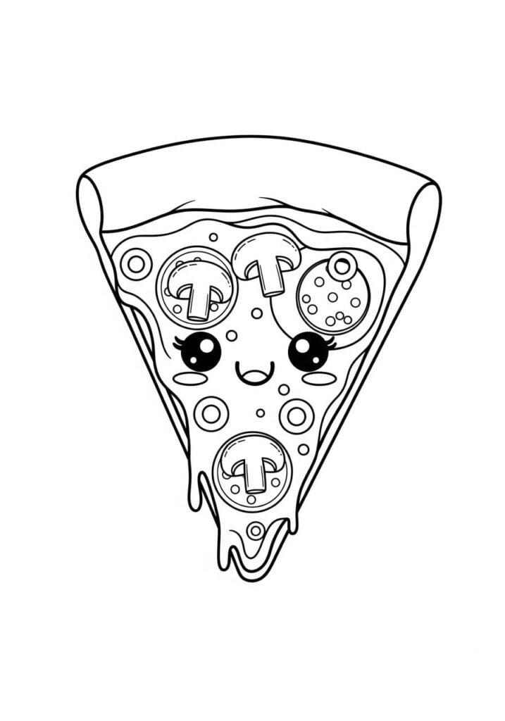 Printable Pizza Coloring Pages – Slices, Toppings & Kawaii Art 3 Kawaii Pizza Coloring Page with Toppings