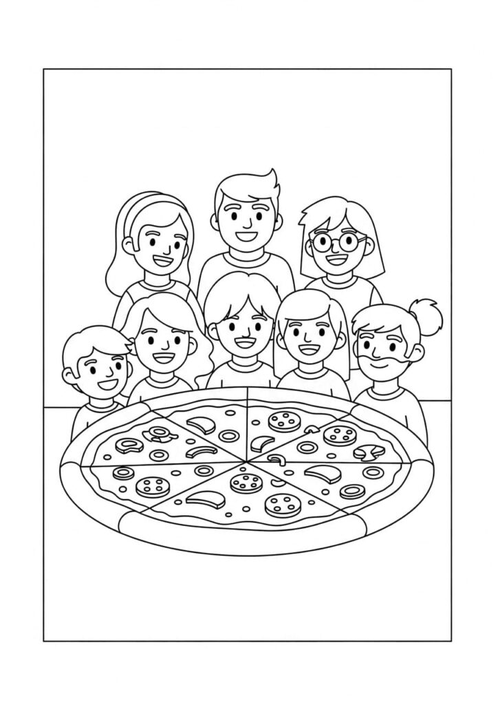 Printable Pizza Coloring Pages – Slices, Toppings & Kawaii Art 22 Pizza Party Scene