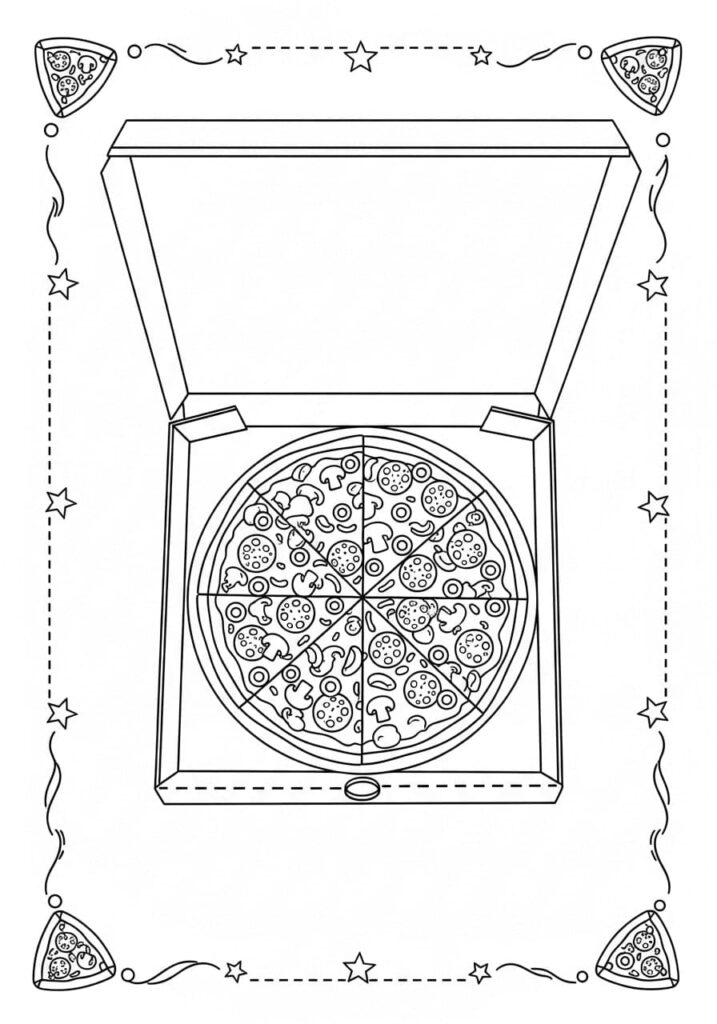 Printable Pizza Coloring Pages – Slices, Toppings & Kawaii Art 8 Whole Pizza Coloring Page in a Box