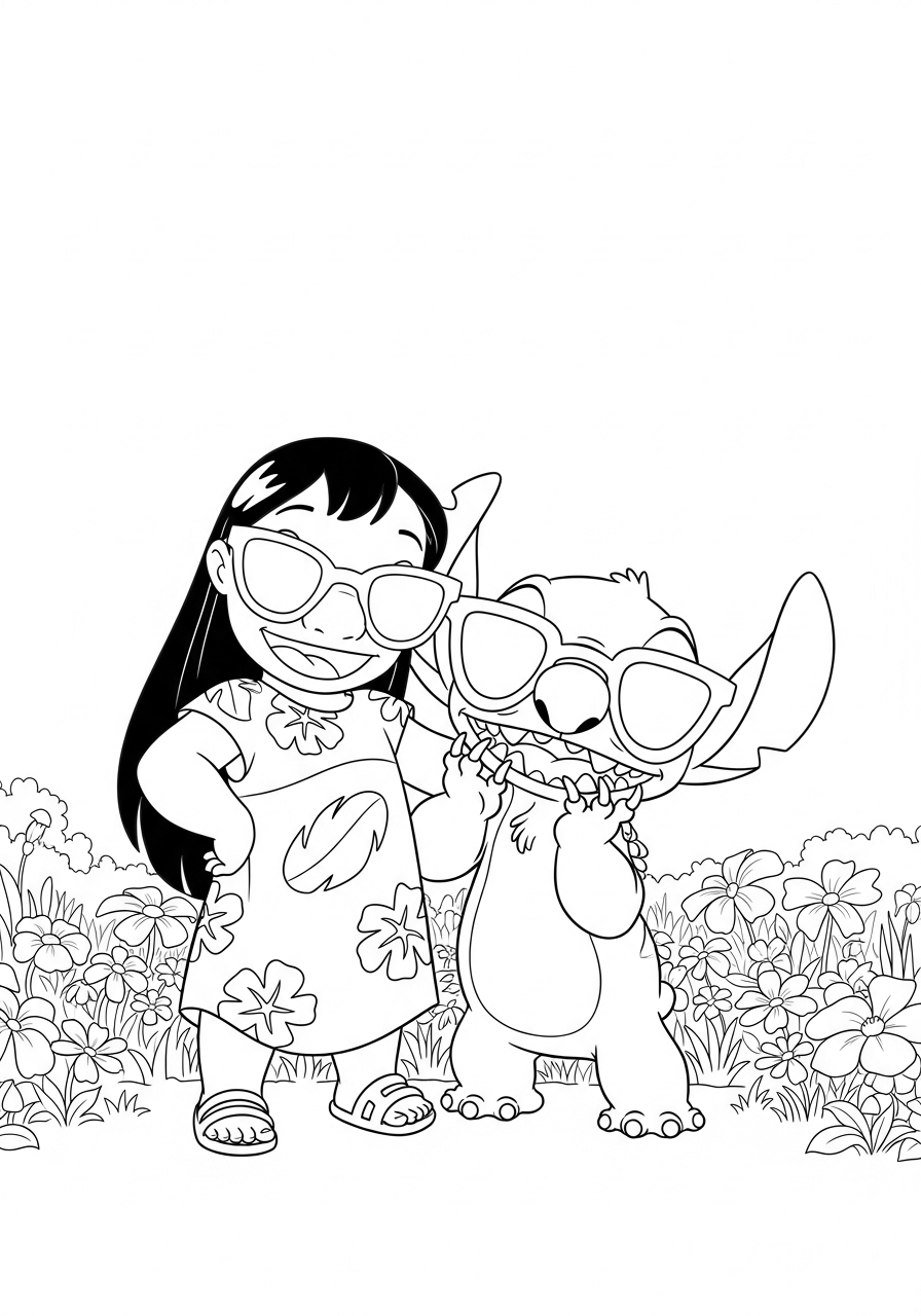 Stitch Coloring Pages (Free PDF Printables) 1 Lilo & Stitch are standing in a field full of flowers