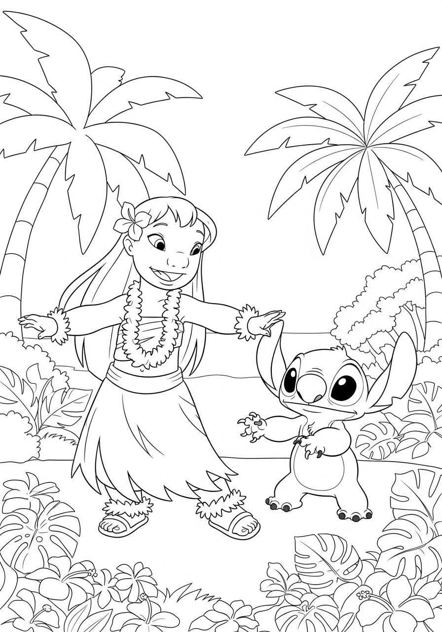 Stitch Coloring Pages (Free PDF Printables) 3 Lilo is teaching Stitch how to dance.
