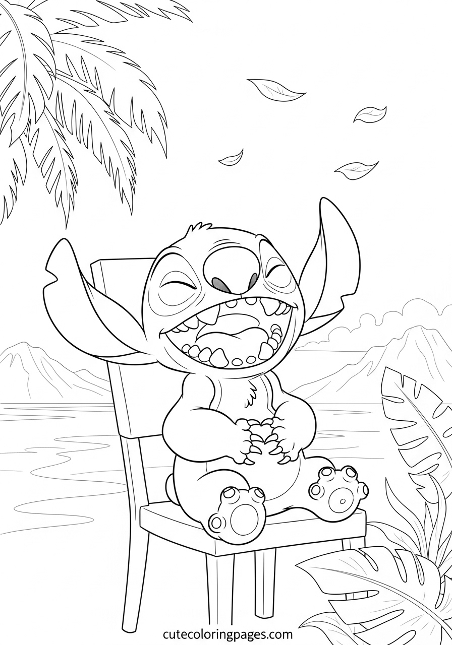 Stitch Coloring Pages (Free PDF Printables) 5 Stitch is laughing very loudly while sitting on a chair