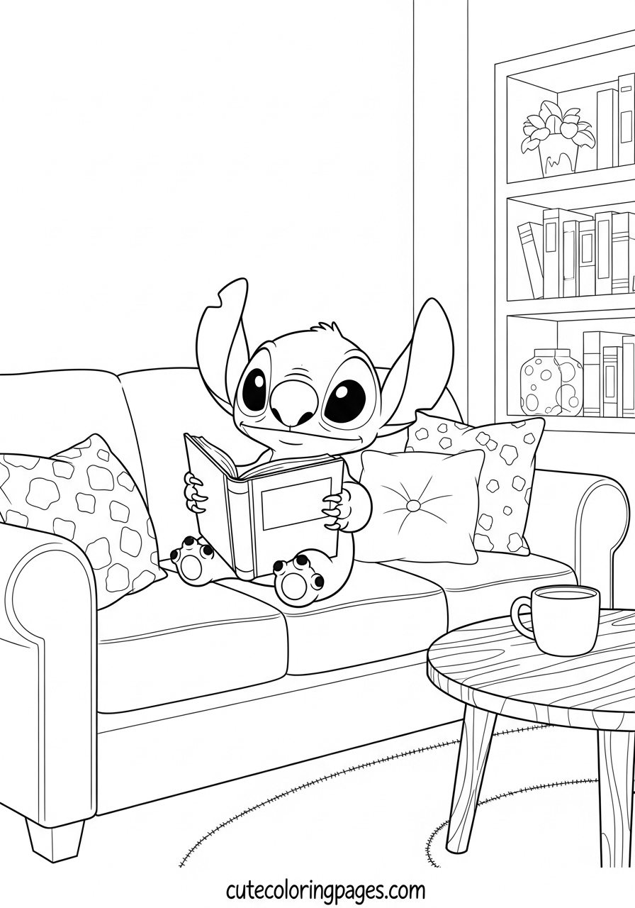 Stitch Coloring Pages (Free PDF Printables) 12 Stitch Reading a Book While Sitting on the Sofa Coloring Sheet