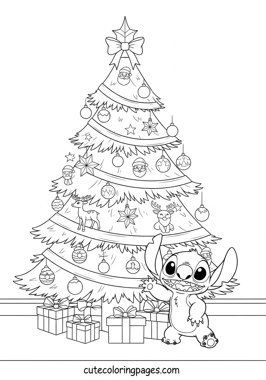 Stitch Coloring Pages (Free PDF Printables) 11 Stitch is standing with a Christmas tree