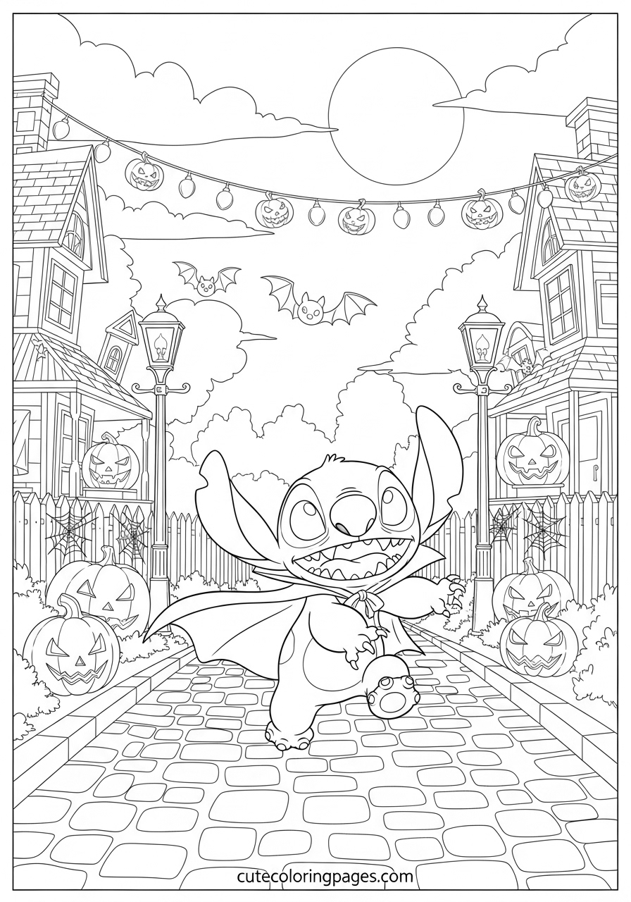 Stitch Coloring Pages (Free PDF Printables) 9 Stitch is in the Halloween outfit and running down the street